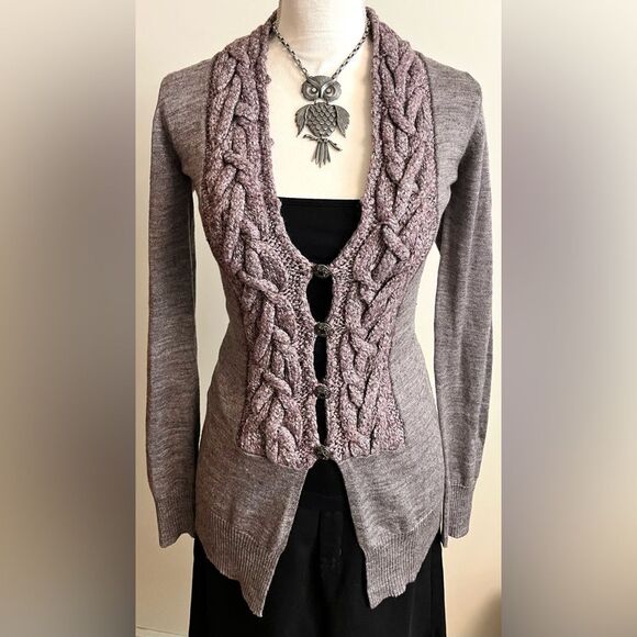 BKE Boutique Tan&Grey Button Up Cardigan with Cable Knit SZ S - Picture 1 of 7